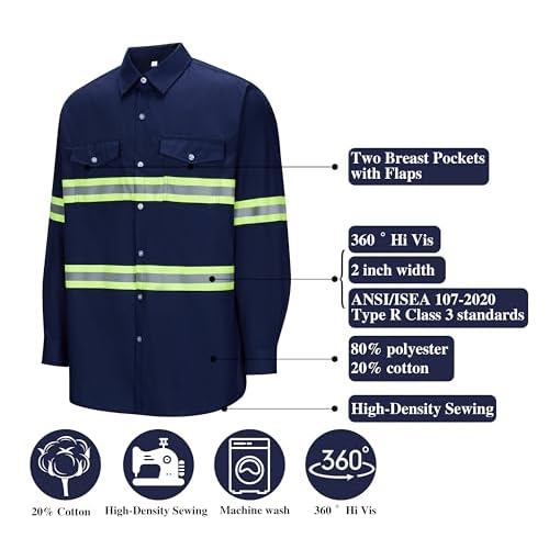 Class 3 Hi Vis Button Up Safety Work Shirts for Men Reflective