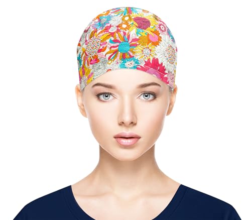 Adjustable Ponytail Scrub Cap with Buttons - Sunflowers