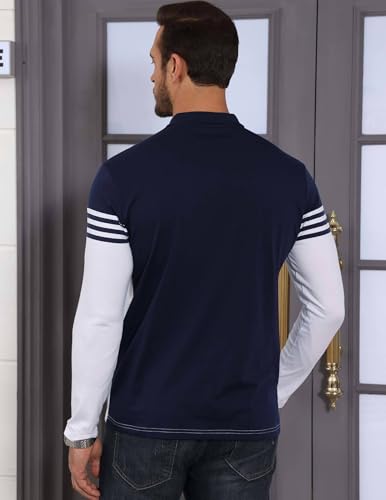 Men's Striped Color Block Long Sleeve Polo Golf Shirt