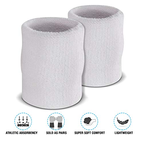 Arm Sweatbands - Absorbent Cotton Wristbands for Gym & Sports - White