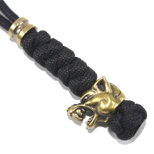 5-Inch Knife Lanyard with Brass Wolf Bead Paracord Keychain - Black