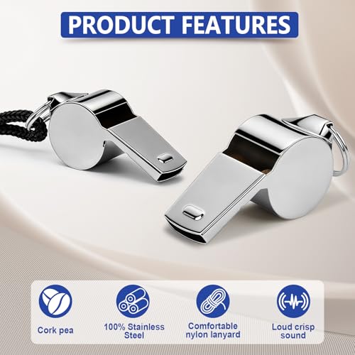3 Pack Stainless Steel Whistles with Lanyard - Loud Sound for Coaches & Referees