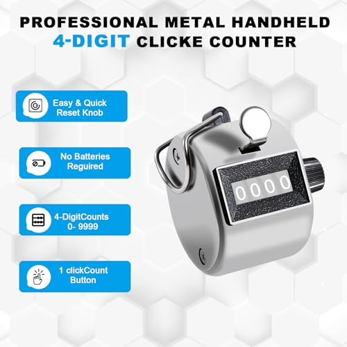 Metal Tally Counter - 4-Digit Handheld Clicker - 4 Pack Silver