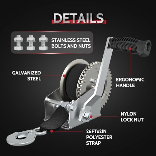 1600 Lb Boat Trailer Winch, 4:1 Gear, 26ft Polyester Strap, Hand Crank