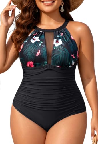 Aqua Eve Plus Size Black Floral One-Piece Swimsuit with Tummy Control and High Neck - 18 Plus