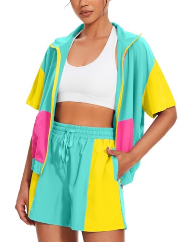 UOUA 80s 90s Two-Piece Mint Green Zip Up Short Sleeve Track Suit - Medium