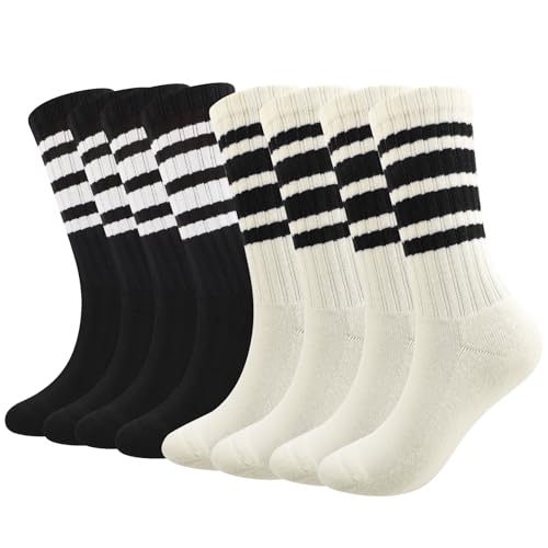 Striped Crew Socks - Retro Cotton Athletic Socks, Black & White - 3 Pairs