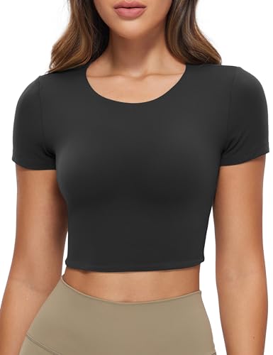 CRZ YOGA Butterluxe Double-Lined Cropped Shirt, Medium, Black