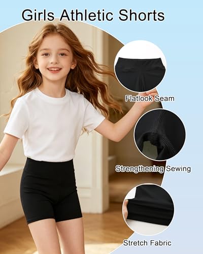 High Waisted Girls Athletic Shorts - Black, 9-10 Years