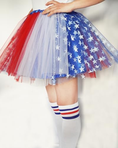 4-Layer Tulle Skirt for Women & Teens - Satin Lined - Large Red, Blue & White Star