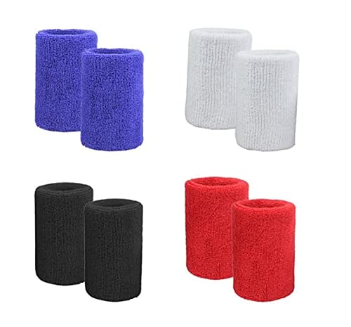 4 Pairs Cotton Terry Cloth Athletic Wrist Sweatbands - Moisture Wicking