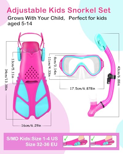 Purple Kids Snorkel Set with Mask Fins & Mesh Bag - Ages 5-14, Adjustable Fins & Dry Top Snorkel