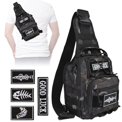 Dovesun Small Fly Fishing Backpack Sling Pack - Black Patterned, 17.7 x 8.5 x 5.7in (No Tackle Box)