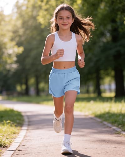High Waisted Girls Running Shorts - Athletic Sports Gym Shorts - Blue, 13-14 Years