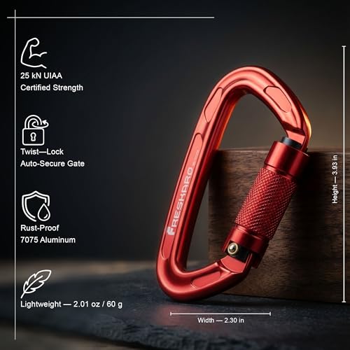 FresKaro 4-Inch UIAA & CE Certified Auto Lock Carabiner 2pcs - Lightweight Aluminum for Climbing & Rappelling, Red