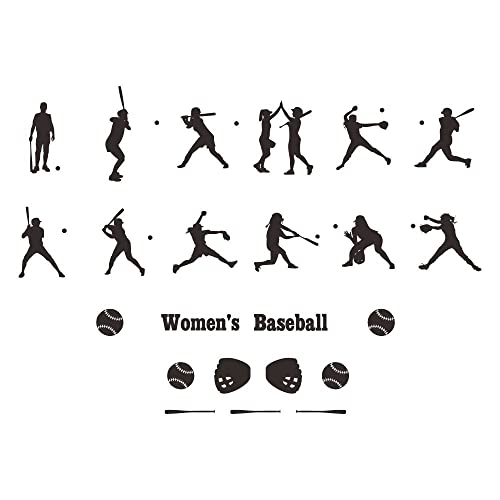 Women's Baseball Wall Sticker-12 Action Silhouettes of Female Players-Softball Pitcher and Batter Decals-Removable PVC Wall Art for Baseball Lovers for Sports Enthusiasts-31 x44 Inch(JWH199-black)