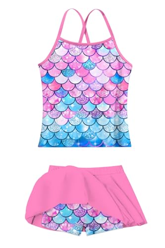 Girls Tankini Swimsuit Two-Piece Bathing Suit for Ages 3-13, Pink Blue, 7-8 Years