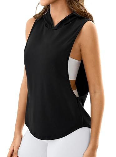 Remidoo Sleeveless Hoodie Women’s Open-Side Tank Top, Black, Small