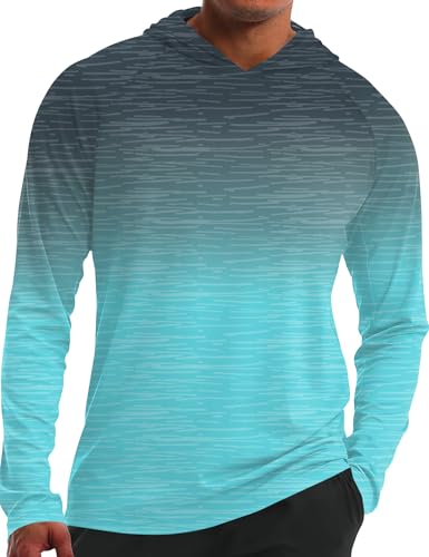 iWoo Men's UPF 50+ Sun Protection Hoodie Large Blue Gradient Black - Quick Dry UV Shirt for Fishing & Hiking
