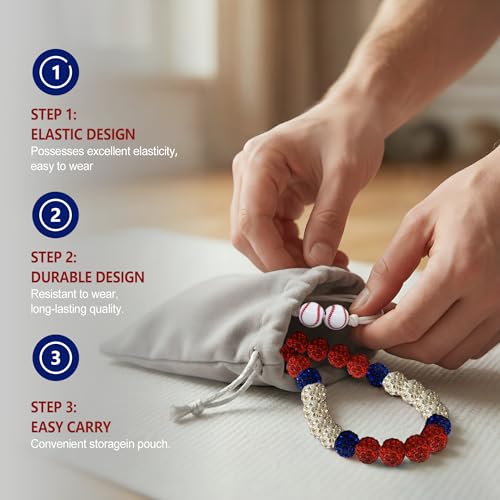 Baseball Rhinestone Bead Necklace and Bracelet Set - Warrior Red/Blue/White