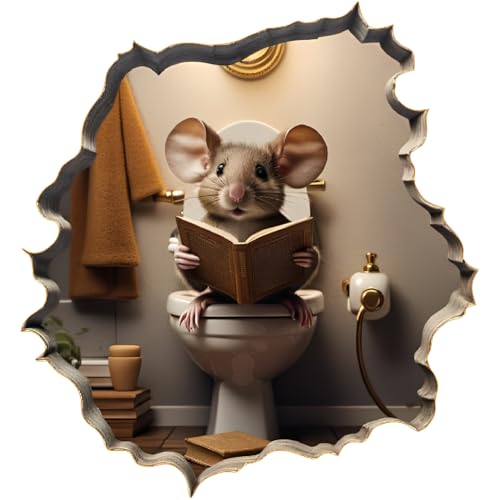 3D Mouse on Toilet Reading Book Wall Decal Sticker, Size 5 inches