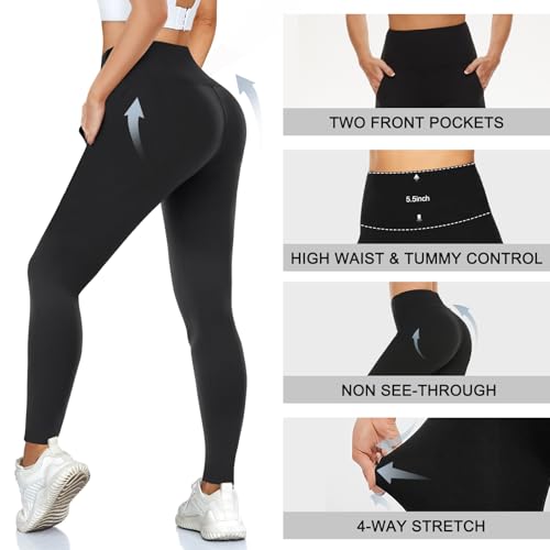 High Waisted Tummy Control Leggings with Pockets - Large-X-Large Black