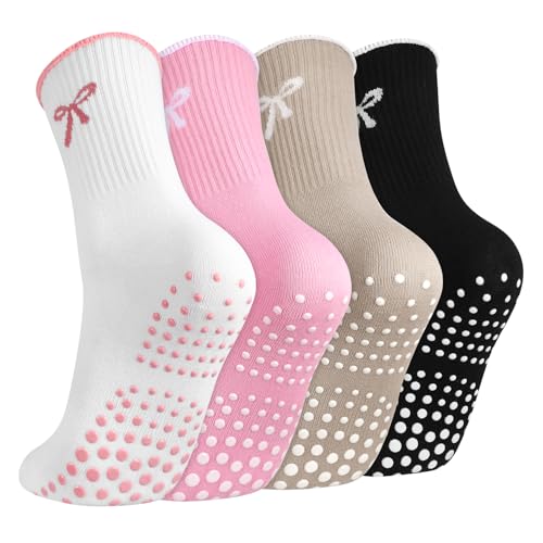 Grippy Pilates Socks for Women - 4 Pairs in Black, Pink, White, Khaki