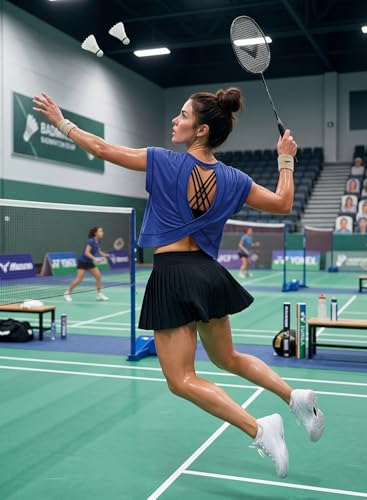 MIHOLL Women's Oversized Cotton Crop Top Open Back Gym Shirt - Royal Blue Medium