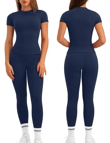 Relety Women's 2-Piece Workout Sets Navy X-Large - Short Sleeve Top & High Waist Leggings