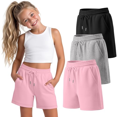 Girls Athletic Shorts - 3 Pack with Pockets, Drawstring, 13-14 Years - Black, Pink, Light Heather Gray