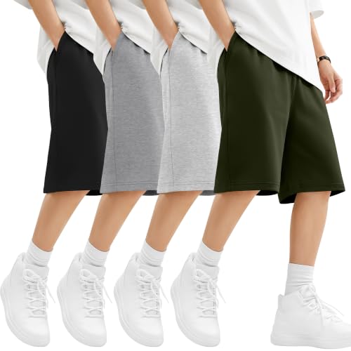 LessonZoo 4 Pack Boys Athletic Shorts 11-12 Years - Black, Gray, Light Gray, Army Green