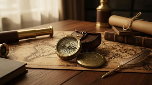 Vintage Brass Pocket Compass with Leather Case - Nautical Navigational Gift for Hiking & Outdoors