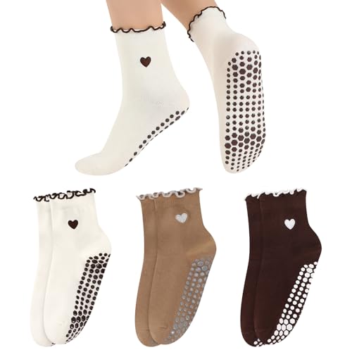 Cute Non-Slip Pilates Socks for Women - 3 Pairs in Beige, Coffee, Brown