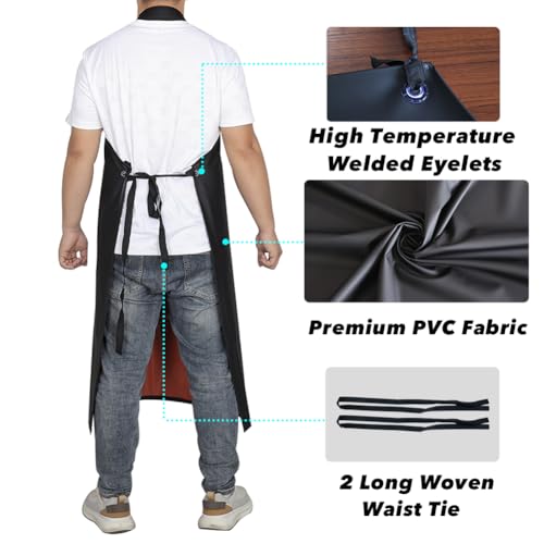 Waterproof Rubber Vinyl Apron -42.5" x 33.8" Plus Size Double Reinforced Chemical Resistant PVC Black Bib Apron