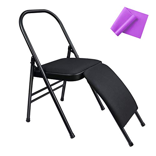 Yoga Auxiliary Chair with Lumbar Support - Black, Foldable with Resistance Band