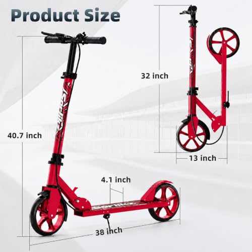 Red Kid's 8-12 & Adult Foldable Kick Scooter with Adjustable Height & Safety Bell