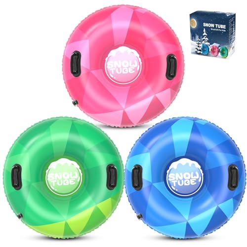 Inflatable Snow Tubes - 3 Pack Heavy Duty Sleds for Family Fun - Green, Pink, Blue