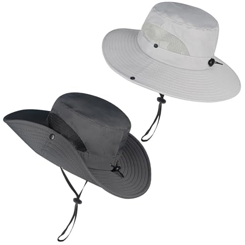ZOORON 2-Pack Men's & Women's Wide Brim Sun Hats UPF50+ Waterproof Boonie - Light & Dark Gray, 6 3/4-6 7/8