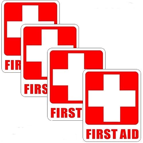 Emergency First Aid Kit Safety Warning Decals - 5" x 4" Vinyl Stickers (4 Pack)