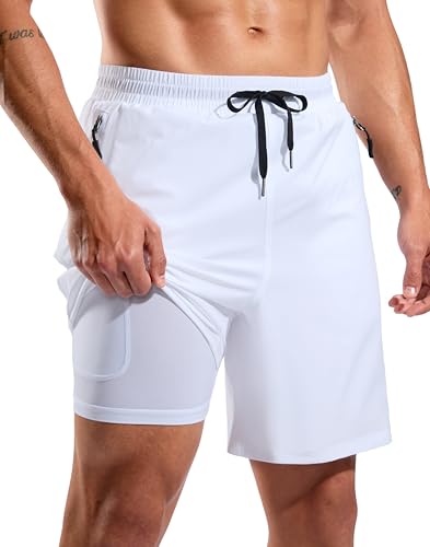 G Gradual Men's 7-Inch Swim Trunks with Compression Liner, White, Large