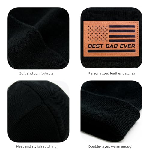 Knit Cuffed Winter Beanie Hat for Dad - Black Leather Patch