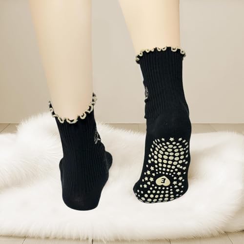 3 Pairs Non-Slip Pilates Grip Socks for Women - Coffee Flower Ruffle