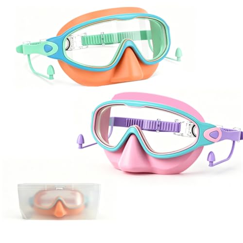 Kids Swim Goggles with Anti-Fog & Nose Cover - NIESTVUA, Pink/Green & Orange/Green