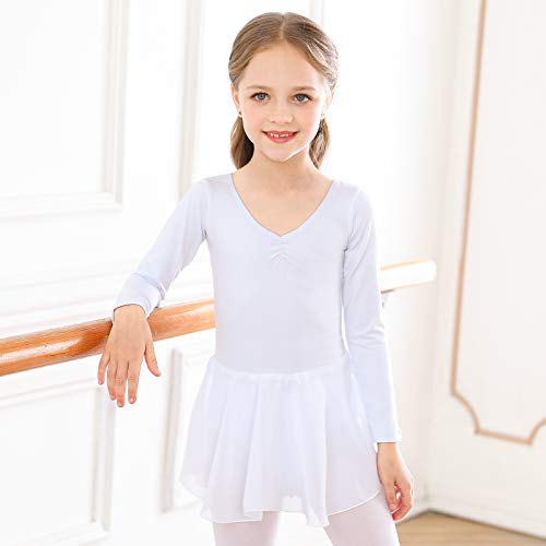 Girls' Ballet Dance Leotard with Skirt - White Long Sleeve, 10-11 Years