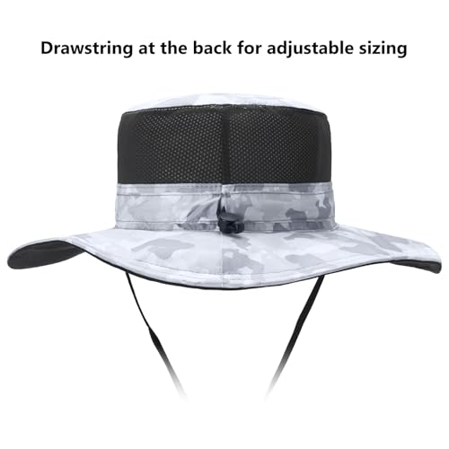 BASSDASH UPF 50+ Water-Resistant Wide Brim Sun Hat - Unisex Boonie for Hiking & Camping - Light Grey Camo Large