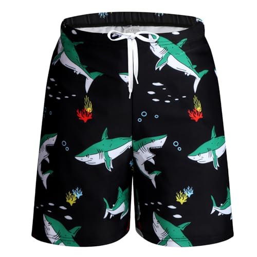 Boys Swim Trunks - Quick Dry Board Shorts for Ages 7-8 Years - Black Shark