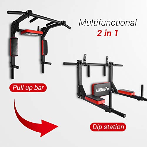 Wall Mounted Pull Up Bar & Dip Station - Red, 440 Lbs Capacity
