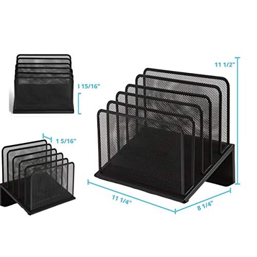 1InTheOffice Metal Mesh File Organizer, Black Wire Mesh 5 Section Incline Sorter, Black Finish