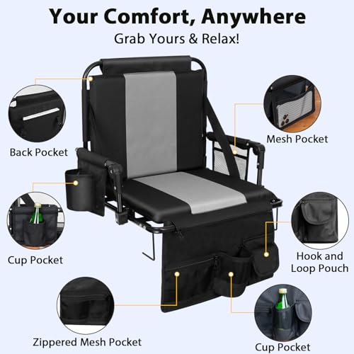 Folding Stadium Seat with Armrest & Back Support - Grey & Black 18.1''