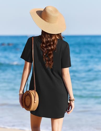 Short Sleeve Swimsuit Cover-Up Dress with Pockets - Black, X-Large